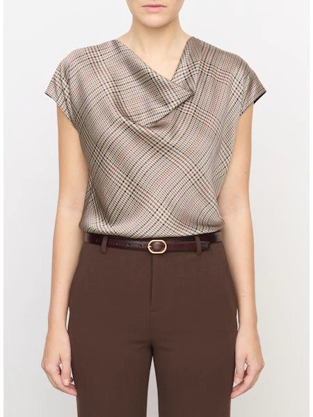 Pressed Plaid Cowlneck Cap Sleeve